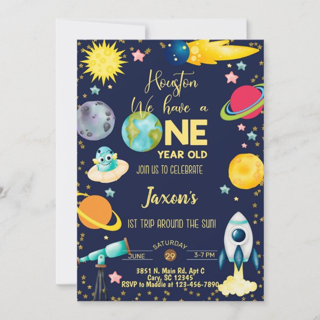 Space-tacular boy 1st first birthday invitation. invitation (Front)