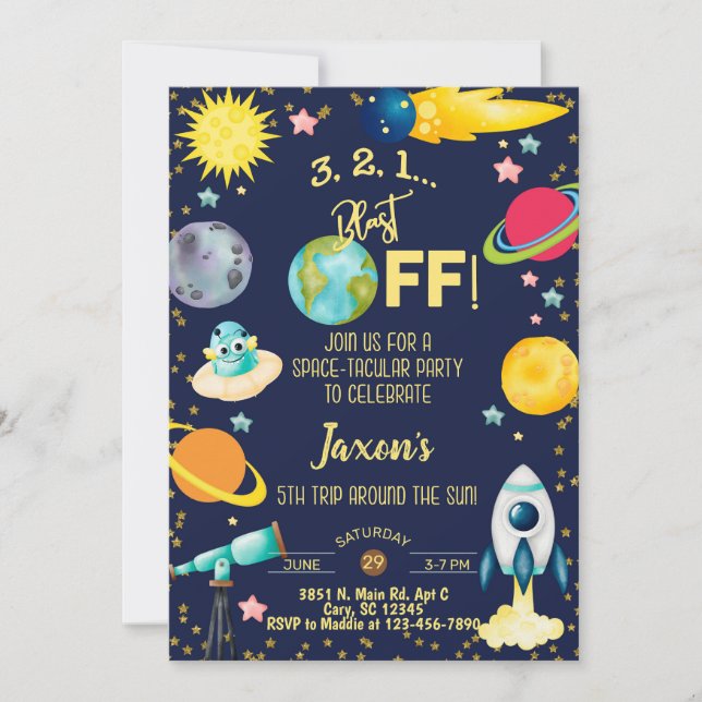Space-tacular boy 5th birthday invitation. invitat invitation (Front)