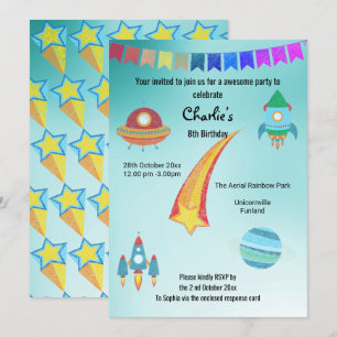 Space Theme Aqua Star Birthday Invitation