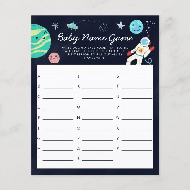 Space Theme Baby Name Shower Game (Front)