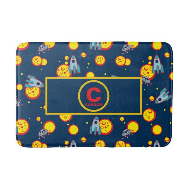 Space Theme for Boys in Blue Red and Yellow Name Bath Mat (Front)