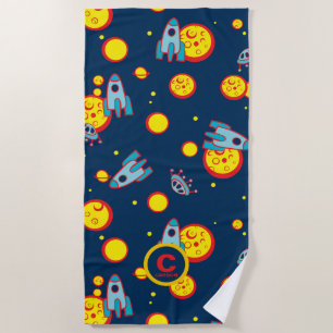Space Theme for Boys in Blue Red and Yellow Name Beach Towel