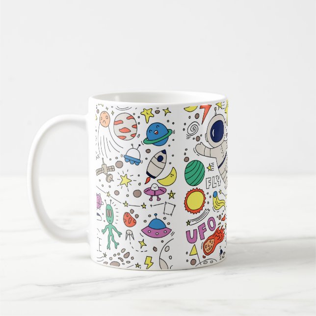 Space theme in doodle style illustration coffee mug (Left)