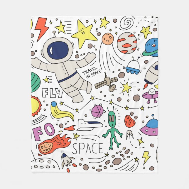 Space theme in doodle style illustration fleece blanket (Front)
