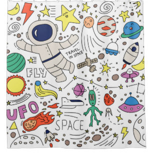 Space theme in doodle style illustration shower curtain
