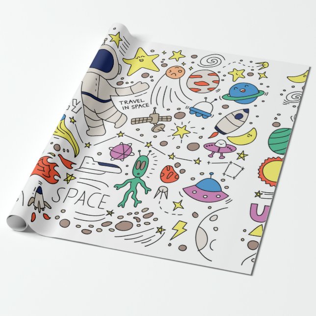 Space theme in doodle style illustration wrapping paper (Unrolled)