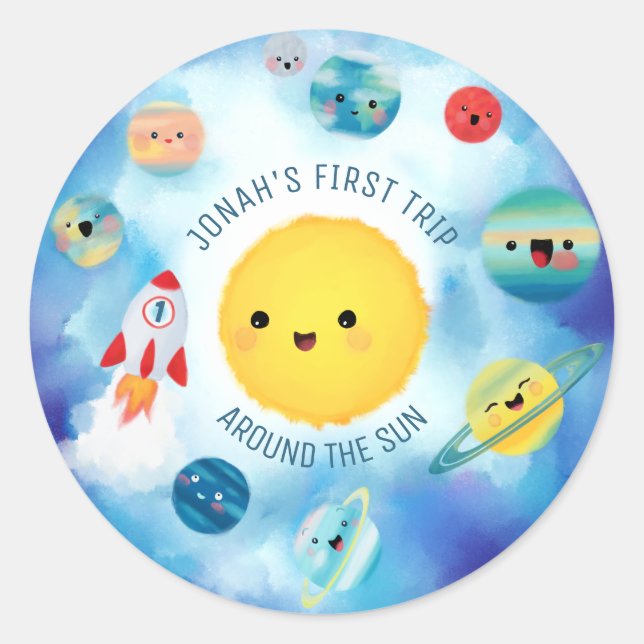 Space theme Outer Space Rocket 1st Birthday Classic Round Sticker (Front)