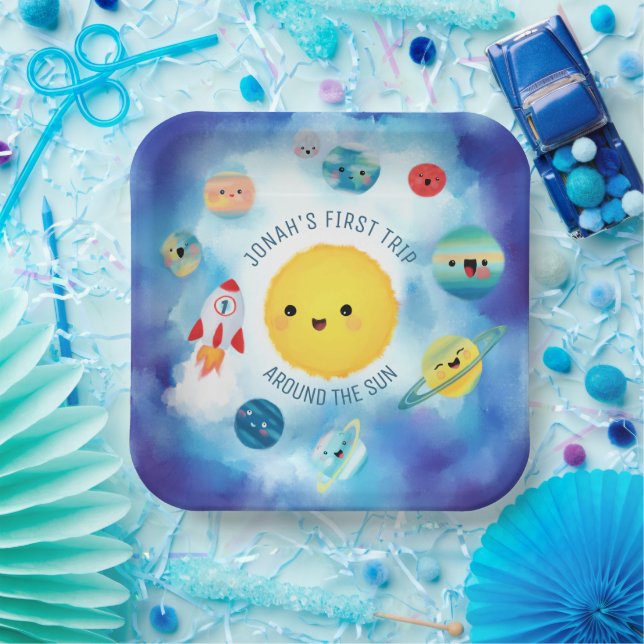 Space theme Outer Space Rocket 1st Birthday  Paper Plate (Party)