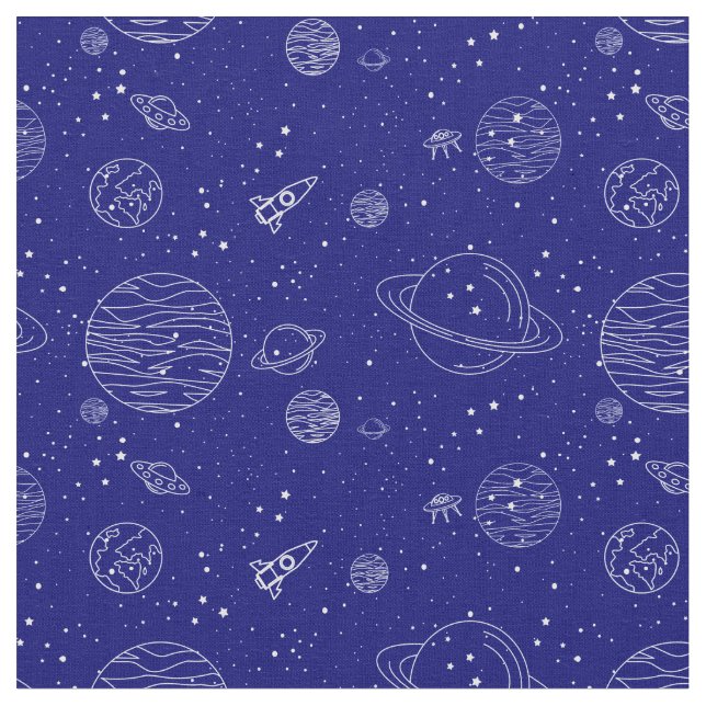 Space Theme Planets Rockets Stars on Blue Fabric (Close Up)