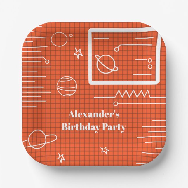 Space Theme Spaceship Computer Screen Birthday Paper Plate (Front)