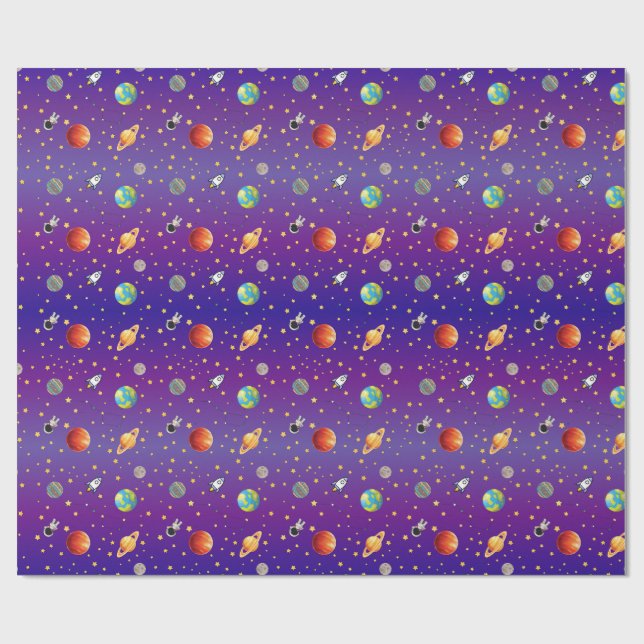 Space Themed Astronaut, Rocket Ship, and Planet Wrapping Paper (Flat)