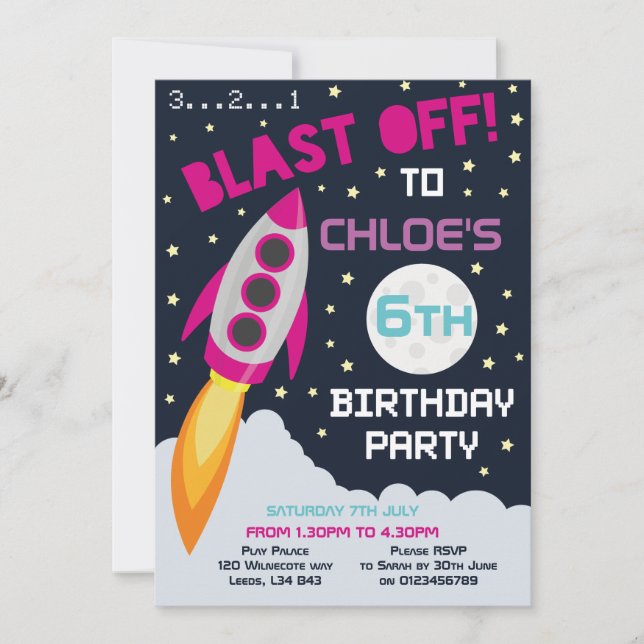 Space themed birthday party invitation (Front)