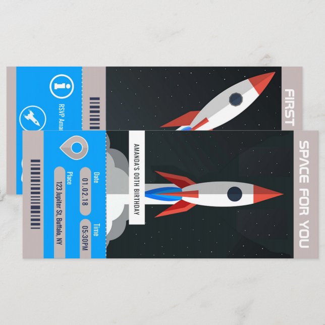 Space Themed Birthday Party travel ticket invite (Front/Back)
