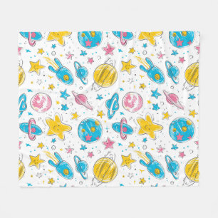 Space themed doodles on white background fleece blanket