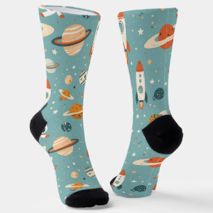 Space Themed Drawings on Blue Socks