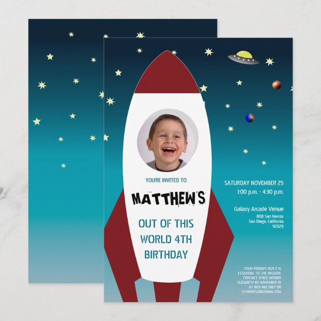 SPACE THEMED Photo Rocket 4th Birthday Invitation (Front/Back)