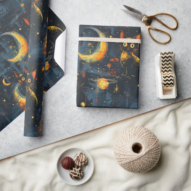 Space themed seamless patterns. Cat astronaut Wrapping Paper (Crafts)