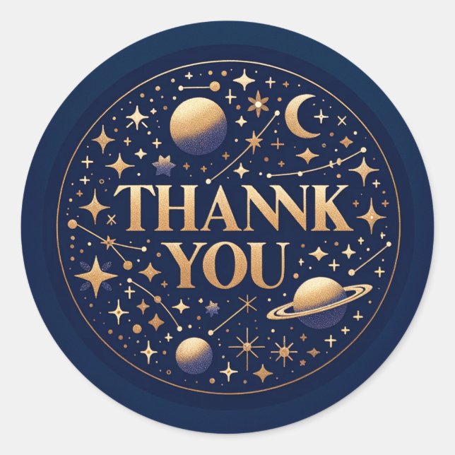 Space Themed Star And Planet Thank you Classic Round Sticker (Front)