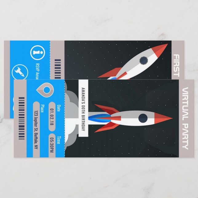 Space Themed Virtual Birthday Party Travel Ticket Invitation (Front/Back)