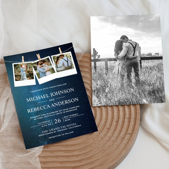 Space Universe Blue Galaxy Photo Collage Wedding Invitation (Creator Uploaded)