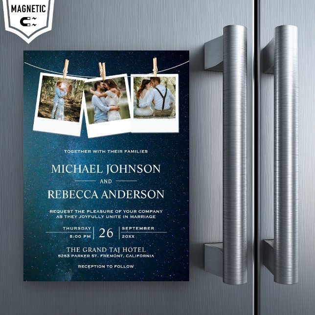 Space Universe Blue Galaxy Photo Collage Wedding Magnetic Invitation (Creator Uploaded)