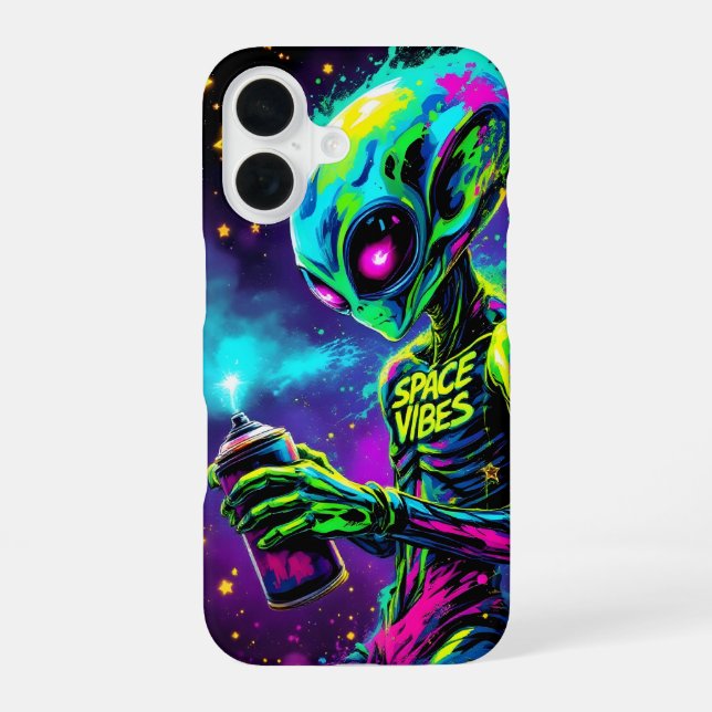 Space Vibes Alien Neon iPhone 16 Case (Back)