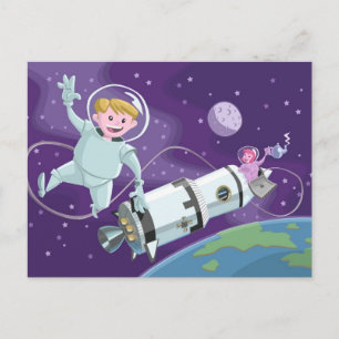 space walk astronaut couple having tea postcard