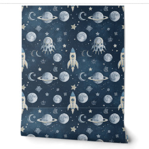 Space Wallpaper Blue Rocket Ship Accent Wall