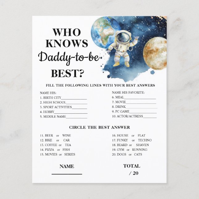 Space Who knows Daddy Baby Shower Game (Front)