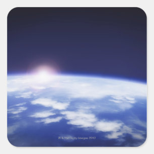 Space with rising sun above planet earth square sticker