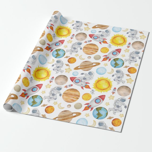 Space Wrapping Paper - Planets Astronaut Rocket (Unrolled)