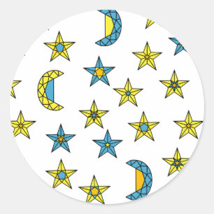 Space Yellow Blue Moon and Stars Jewels Pattern Classic Round Sticker