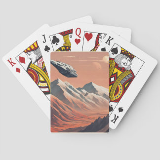 Spacecraft travelling through mountains playing cards