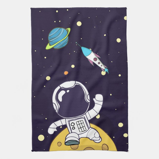 Spaceman Astronaut Exploring Outer Space Tea Towel (Vertical)