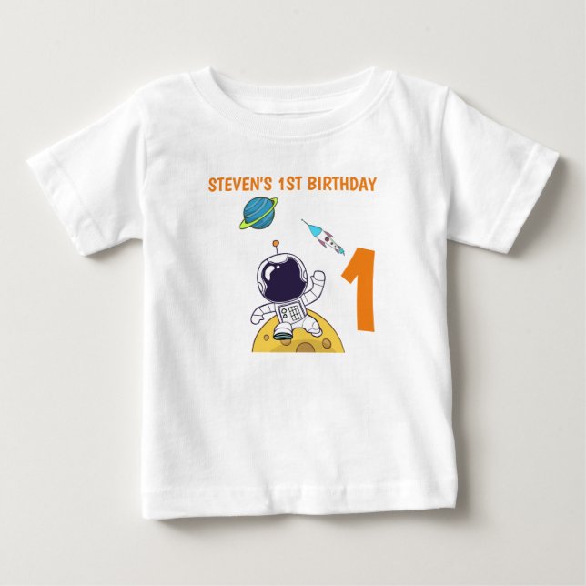 Spaceman Exploring Outer Space 1st Birthday Baby T-Shirt (Front)