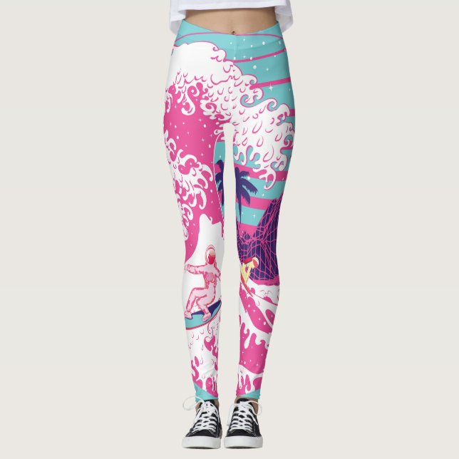 Spaceman surfing The pink Great wave Leggings (Front)