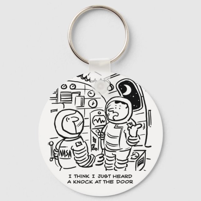 Spacemen in a Spaceship Cartoon. Funny Cartoon Key Ring (Front)