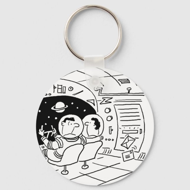 Spacemen in Spaceship having Mail Delivered. Funny Key Ring (Front)