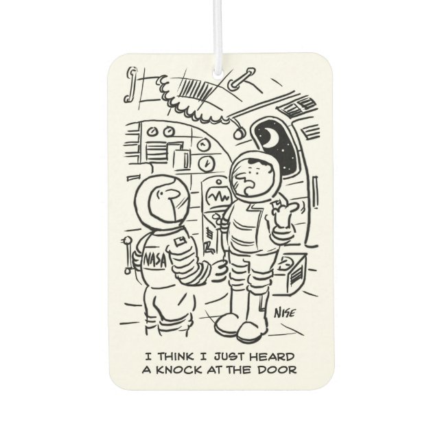 Spacemen in Spaceship Hear Knocking Car Air Freshener (Front)