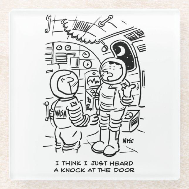 Spacemen on Spaceship Hear Knock at Door Glass Coaster (Front)