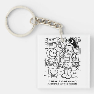 Spacemen on Spaceship Hear Knock at Door Key Ring