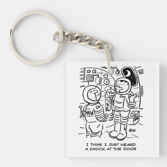 Spacemen on Spaceship Hear Knock at Door Key Ring (Front)