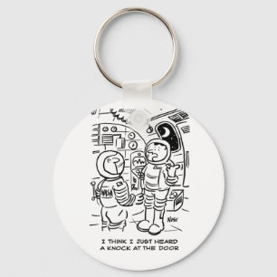 Spacemen on Spaceship Hear Knock at Door Key Ring