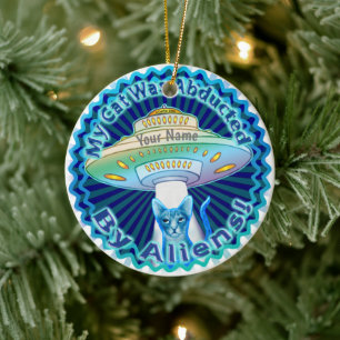 Spaceship Alien Cat Abduction Ceramic Tree Decoration