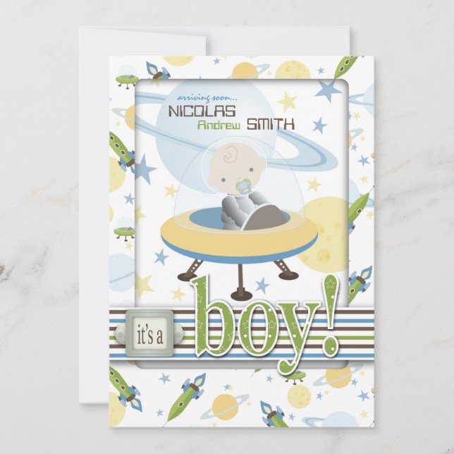 Spaceship Astronaut Baby Shower Invitations (Front)