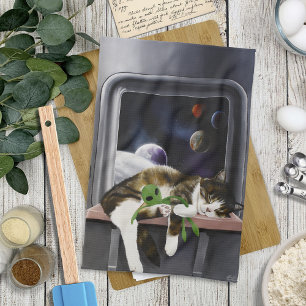Spaceship Cat Sci-Fi Cute Tea Towel