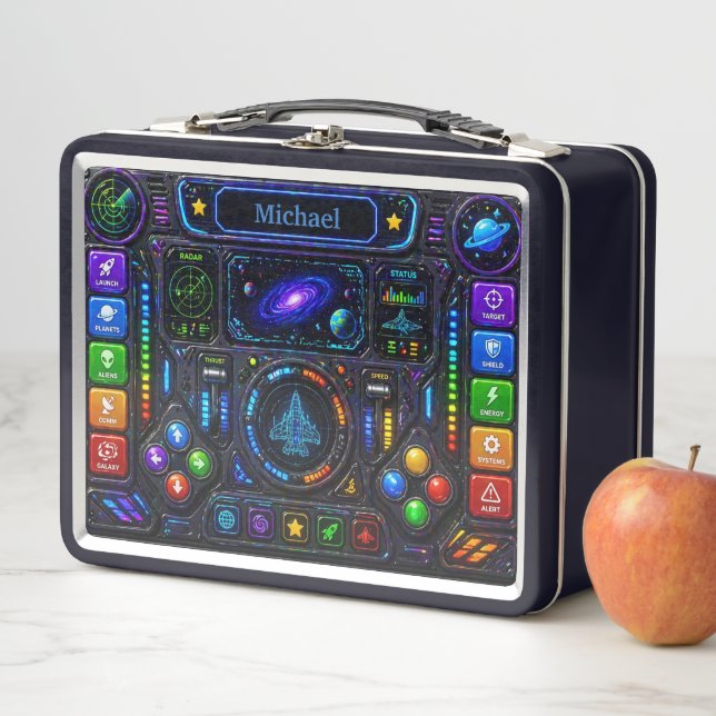 Spaceship Control Panel Personalised Name Metal Lunch Box (In Situ)