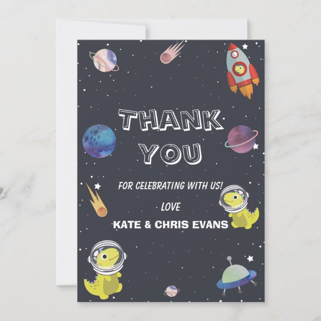 Spaceship Dinosaur Star Planet Galaxy Baby Shower Thank You Card (Front)