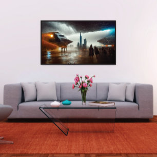 Spaceship in Futuristic City Poster
