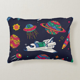 Spaceship in Galaxy seamless pattern. Background w Decorative Cushion